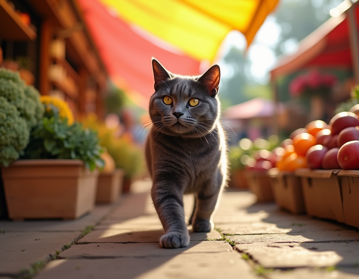 Cat wanders through a lively market, surrounded by fresh produce, baked goods, and aromas.