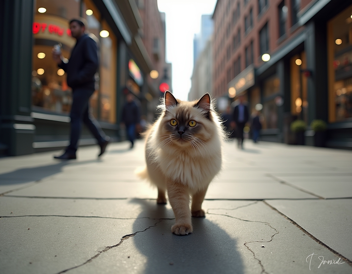 Cat strolls down a city sidewalk, confidently navigating the vibrant cityscape.