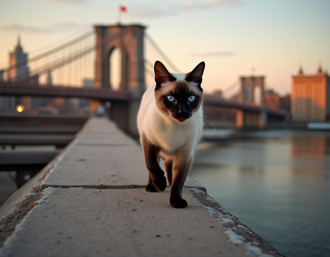 Cat explores a scenic urban bridge, taking in the breathtaking views of the skyline.
