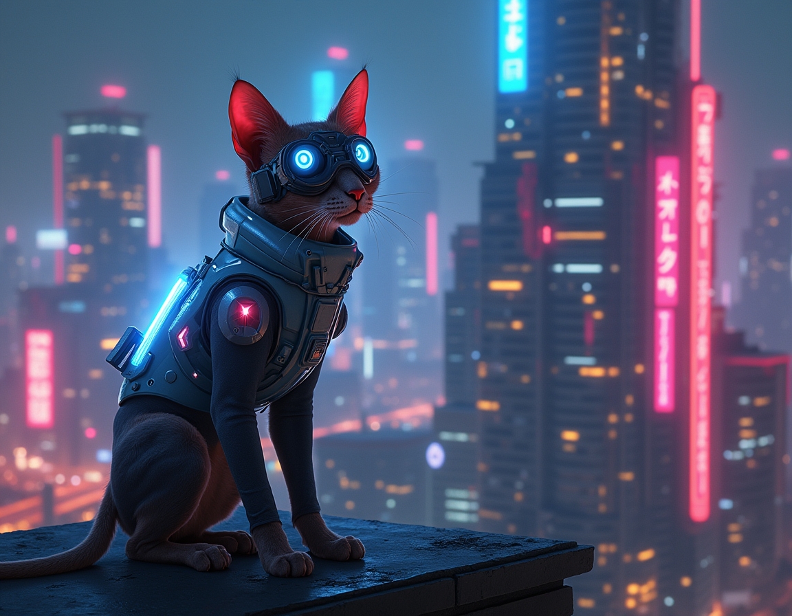 Cat stands on a futuristic skyscraper rooftop, wearing glowing cybernetic goggles. A neon-lit cityscape with flying cars and holograms stretches below.