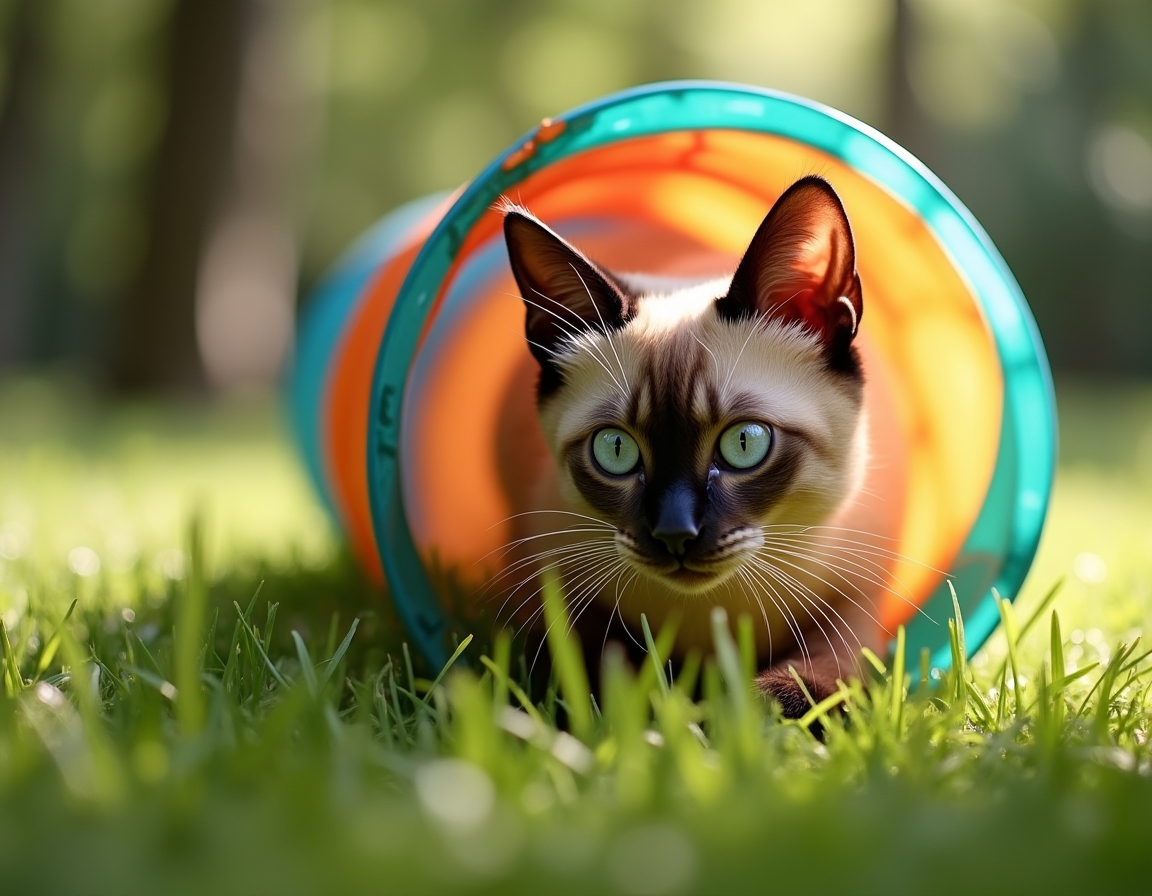 Cat explores a colorful play tunnel in a lively garden, its curious expression capturing the playful moment.