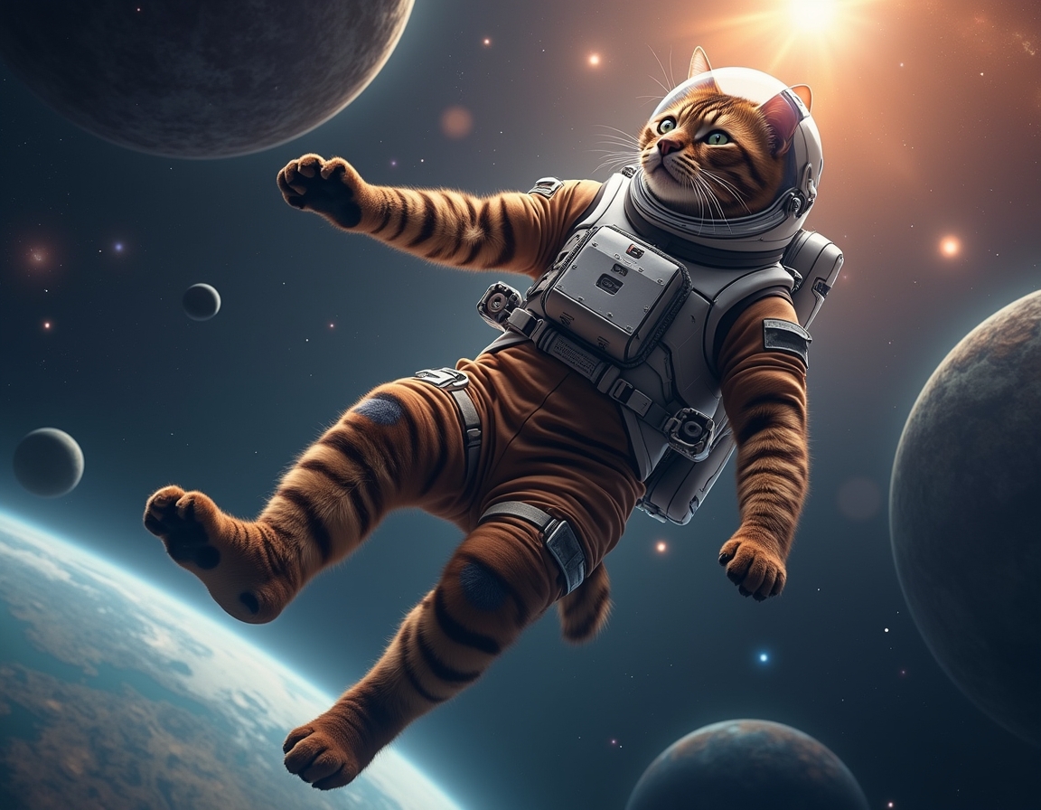 Cat floats weightlessly in space, wearing a high-tech spacesuit. Vibrant planets, shining stars, and distant nebulae create a stunning cosmic backdrop.