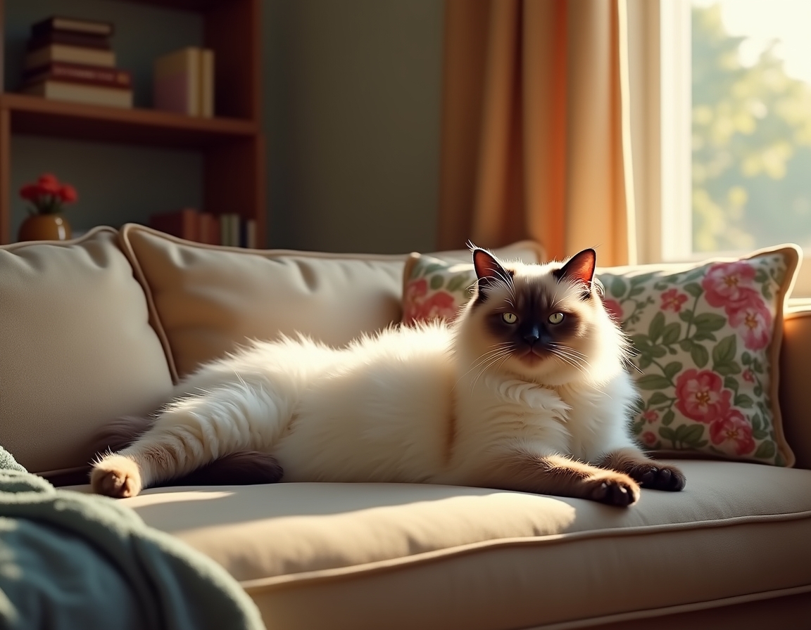 Cat sprawls lazily on a cozy couch, surrounded by decorative pillows and a draped blanket. Soft natural light from a window illuminates its fur, creating a calm, homely atmosphere.