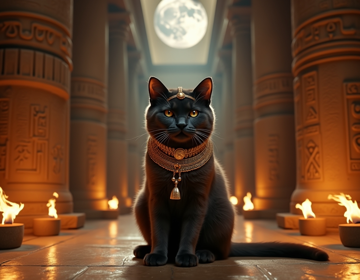 Cat dressed in luxurious golden regalia sits in an ancient Egyptian temple at night, surrounded by hieroglyphs and lit torches. The cat exudes the aura of a revered feline goddess, capturing the timeless majesty of ancient Egypt.