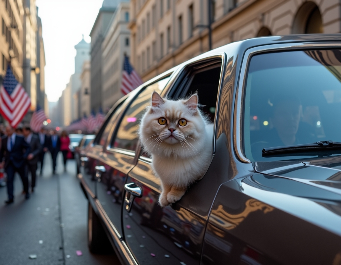 Cat in a celebratory motorcade, enjoying the confetti and cheering crowds during the inauguration parade.
