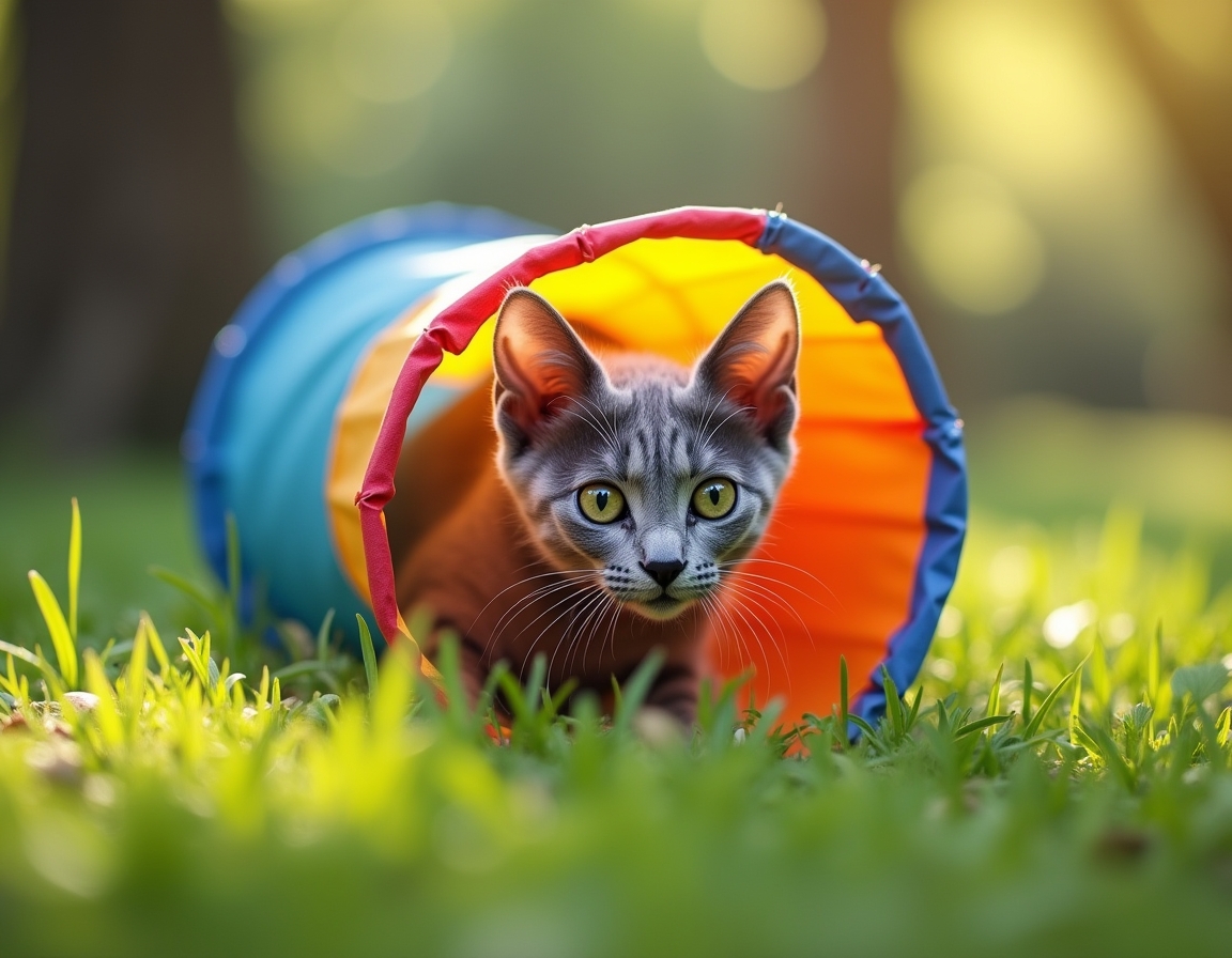 Cat explores a colorful play tunnel in a lively garden, its curious expression capturing the playful moment.