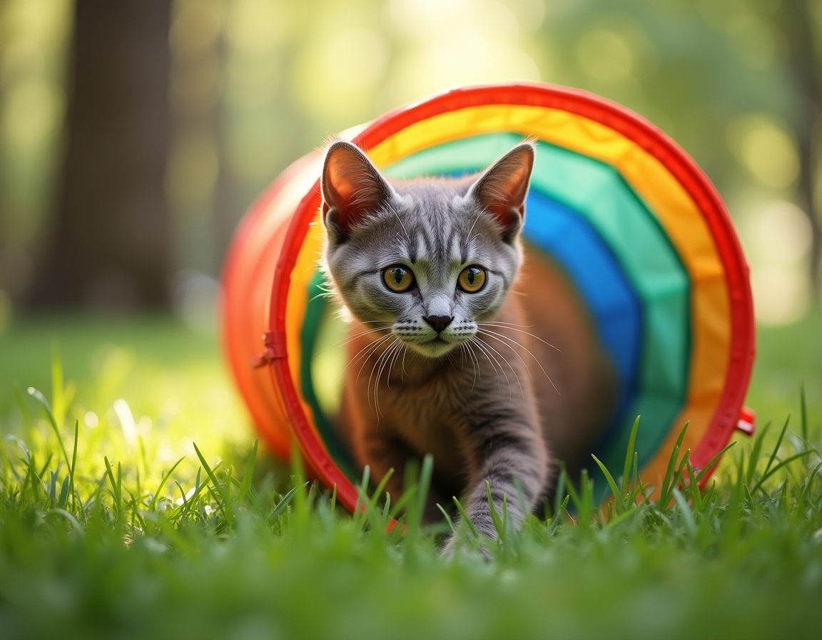 Cat explores a colorful play tunnel in a lively garden, its curious expression capturing the playful moment.