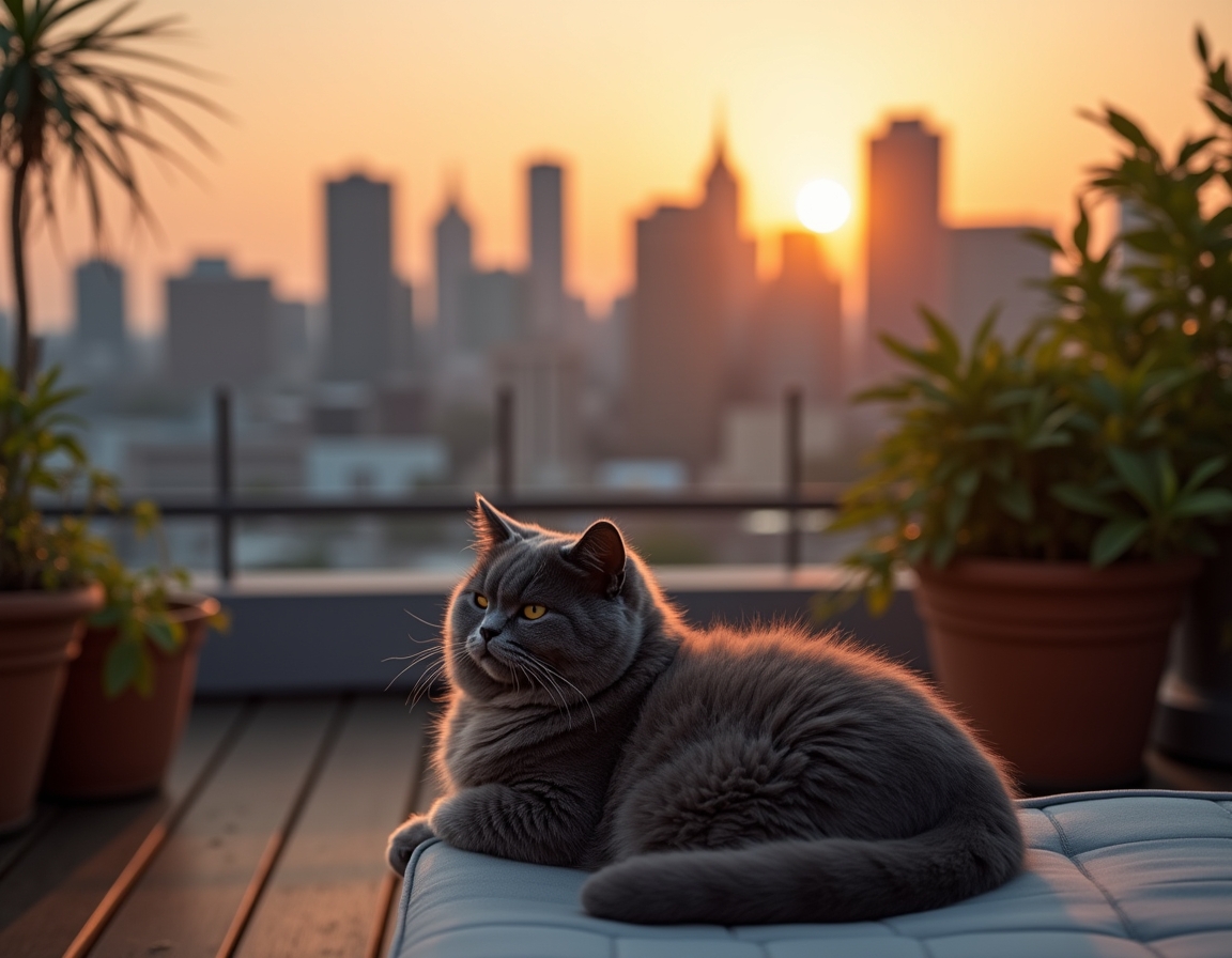 Cat relaxes on a rooftop terrace, enjoying the serenity above the urban buzz.
