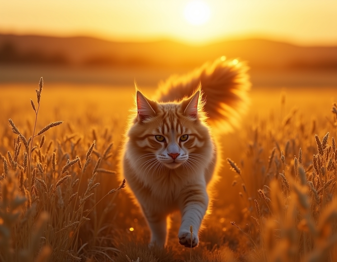 Cat sprints joyfully through a golden field, surrounded by waving wheat and warm light.