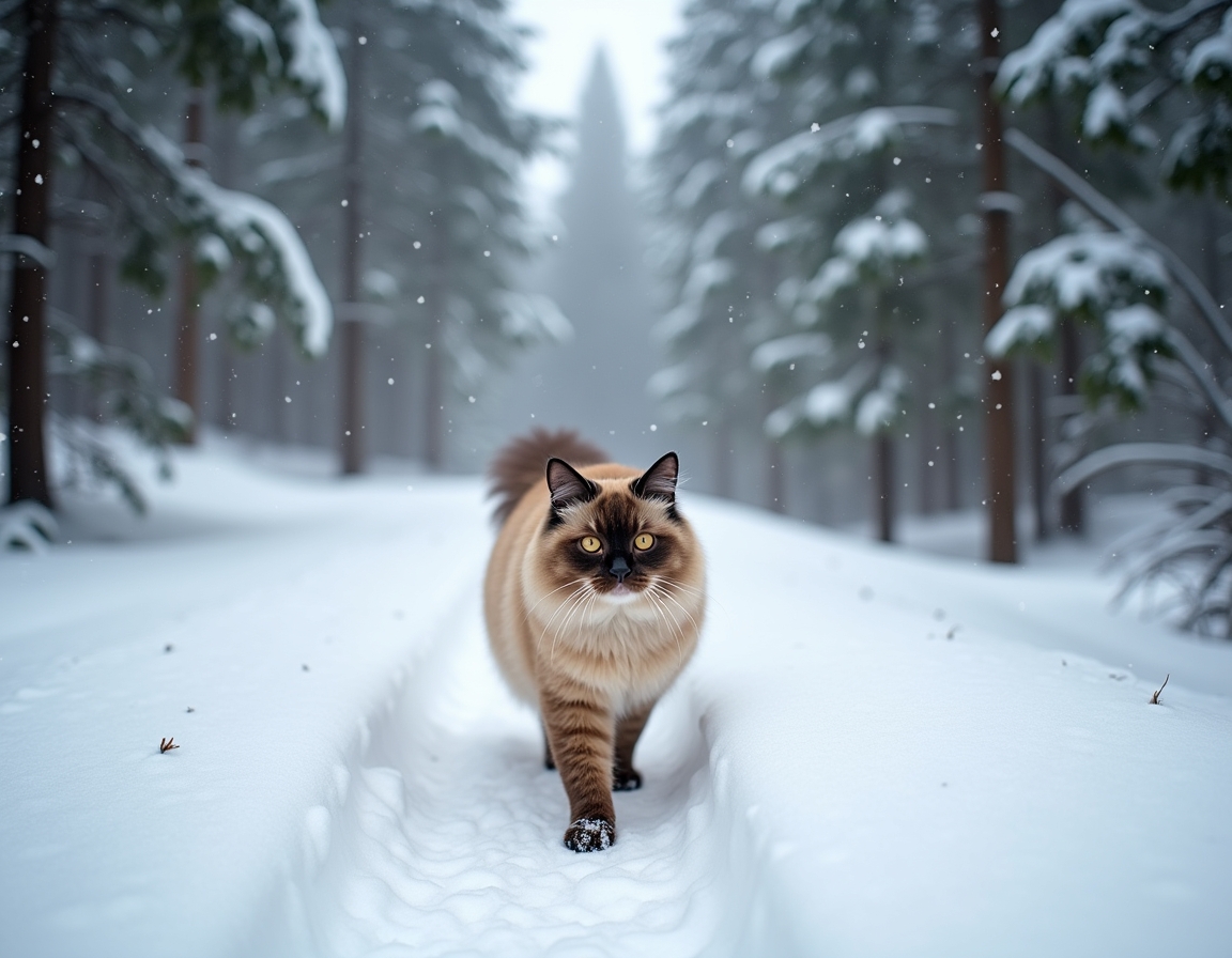 Cat walks along a snowy winter trail, leaving footprints in the fresh snow while surrounded by peaceful pine trees and gently falling snowflakes.