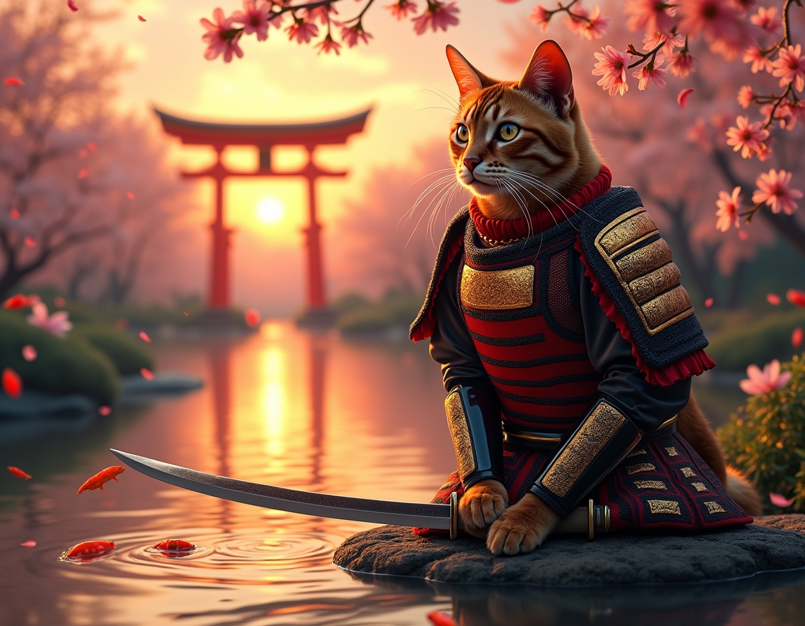 Cat dressed in ornate samurai armor sits in a serene Japanese garden at sunset. Cherry blossoms fall gently, and a koi pond reflects the golden light of the sky.