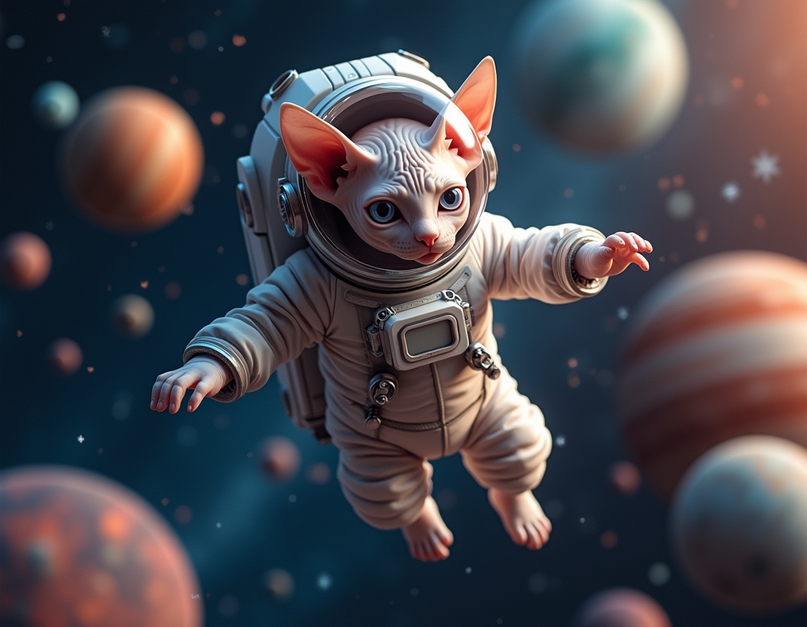Cat floats weightlessly in space, wearing a high-tech spacesuit. Vibrant planets, shining stars, and distant nebulae create a stunning cosmic backdrop.