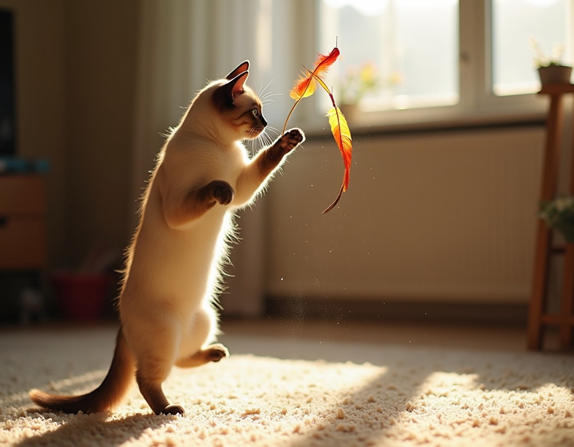 Cat leaps into the air, its paws reaching for a multicolored feather toy that flutters enticingly, bathed in golden sunlight in a cozy room.