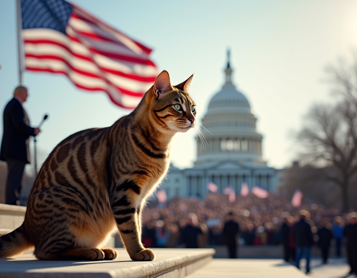Cat on the Capitol steps during a historic inauguration, surrounded by flags and cheering crowds.
