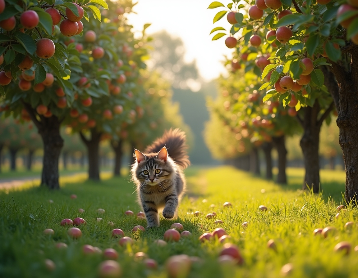 Cat explores an orchard filled with fragrant fruit and dappled sunlight.
