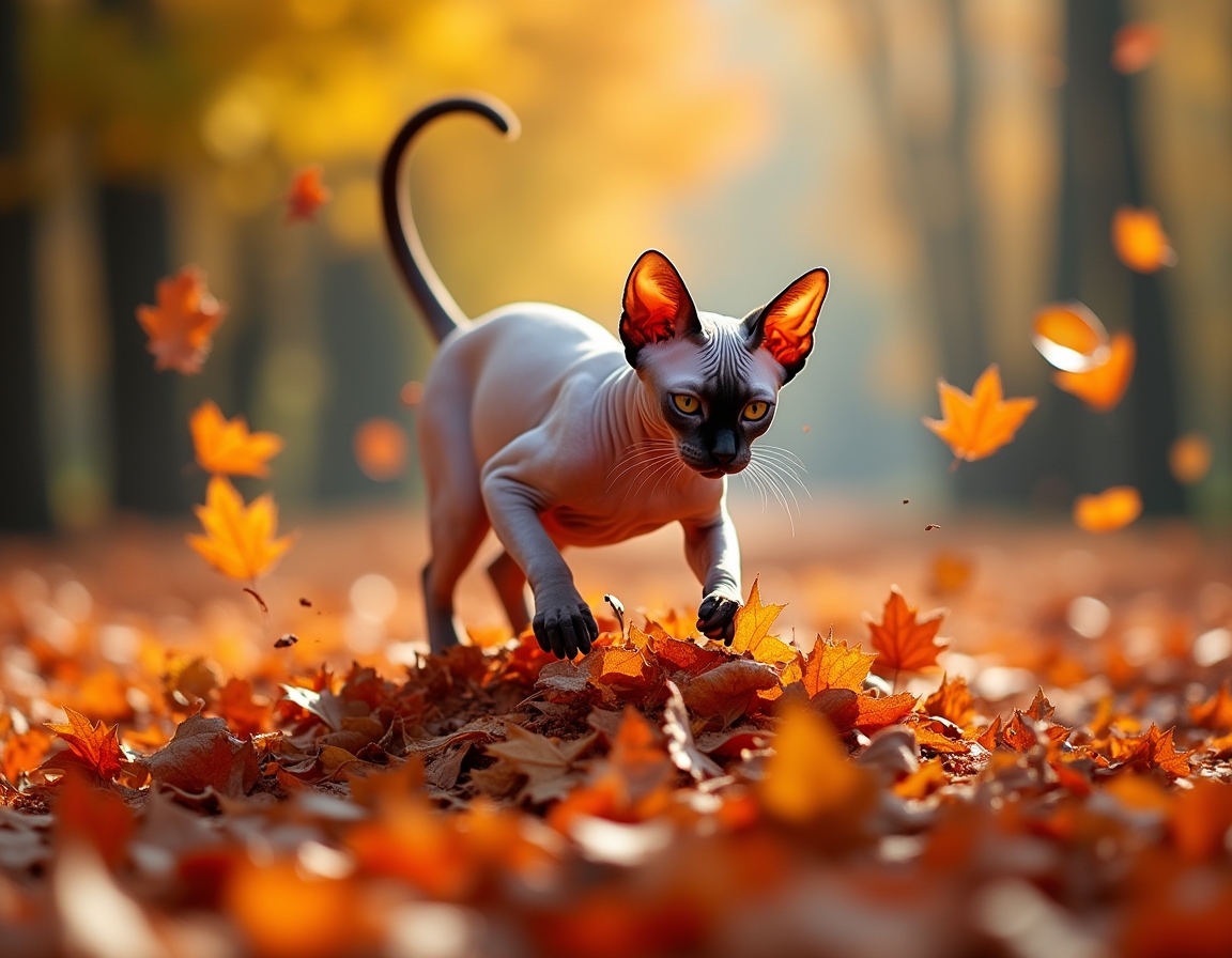Cat jumps joyfully into a pile of autumn leaves, scattering vibrant colors and radiating playful energy.