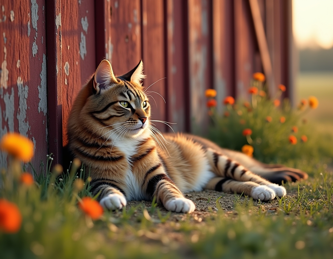 Cat rests peacefully near a barn, enjoying the tranquility of the countryside.
