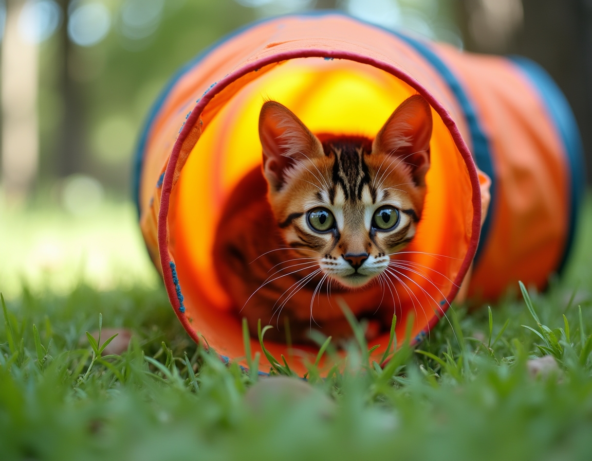 Cat explores a colorful play tunnel in a lively garden, its curious expression capturing the playful moment.
