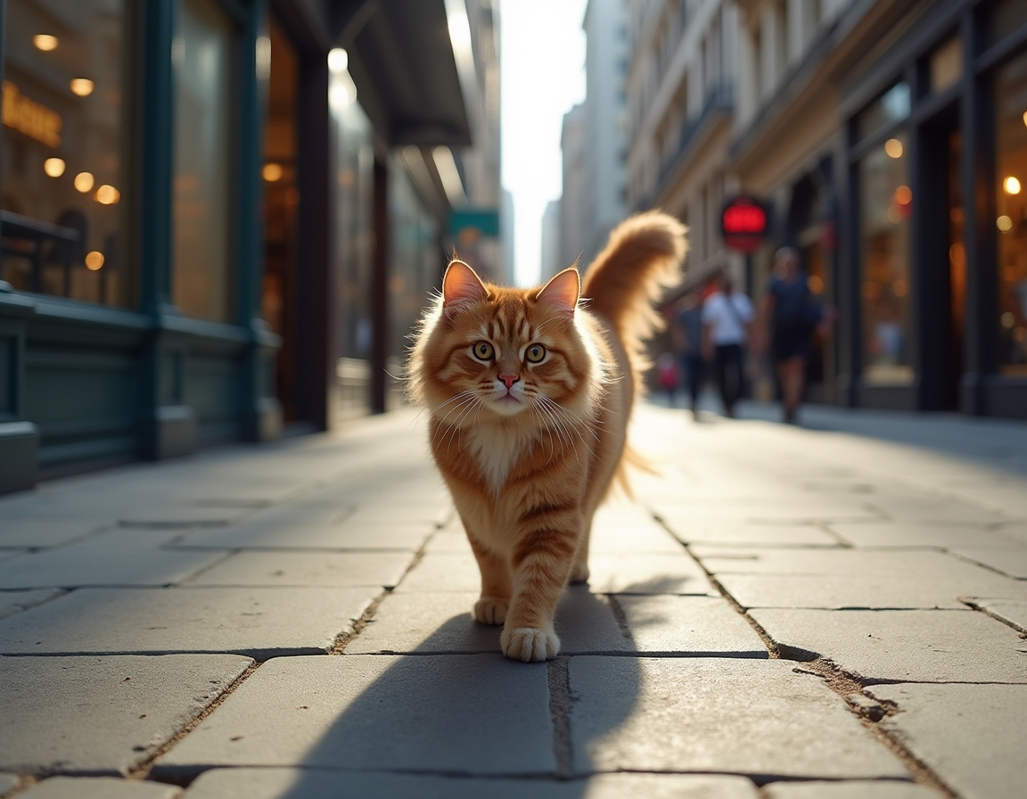 Cat strolls down a city sidewalk, confidently navigating the vibrant cityscape.