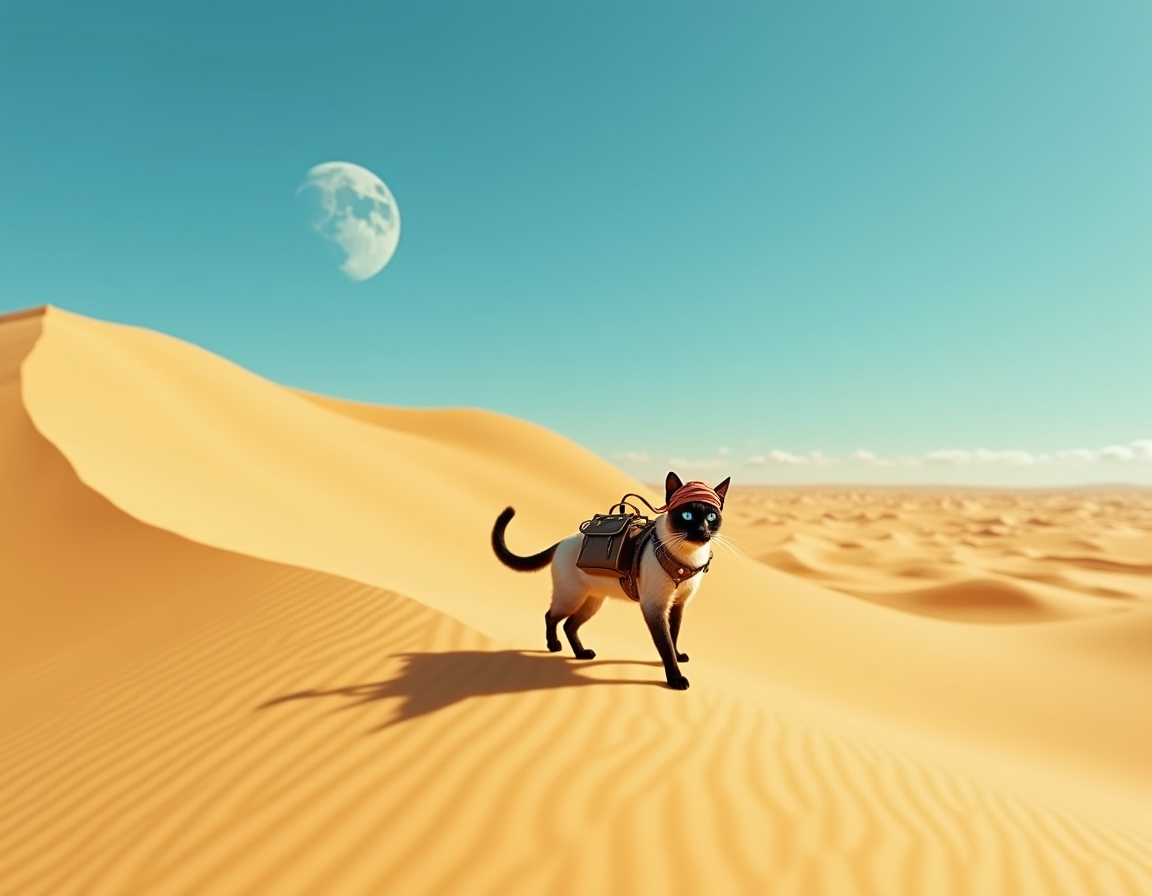 Cat crosses vast desert dunes, guided by the sun’s relentless heat and the promise of hidden oases. The scene is filled with swirling sand, vibrant skies, and an air of adventurous determination.
