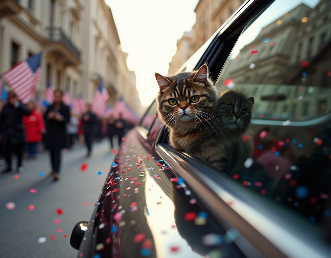 Cat in a celebratory motorcade, enjoying the confetti and cheering crowds during the inauguration parade.