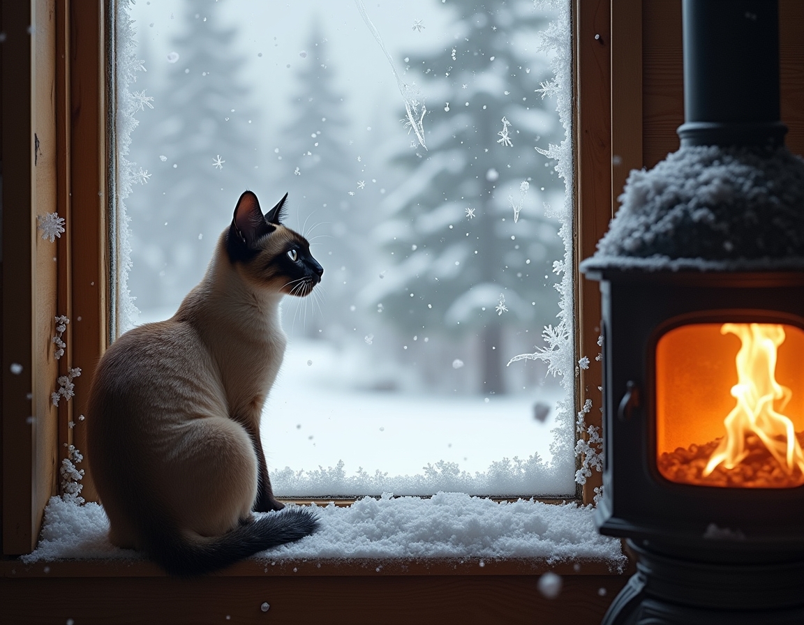 Cat looks out a frosted window at the snowy world outside, while the cozy warmth of the cabin and the glow of the fireplace create a peaceful, inviting atmosphere.