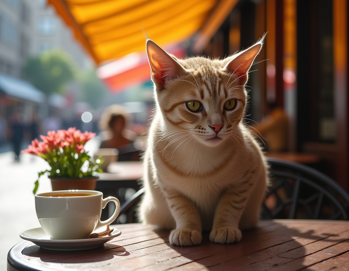 Cat sits contentedly at an outdoor cafe, enjoying the bustling streets and warm sunlight.
