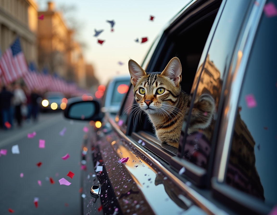 Cat in a celebratory motorcade, enjoying the confetti and cheering crowds during the inauguration parade.