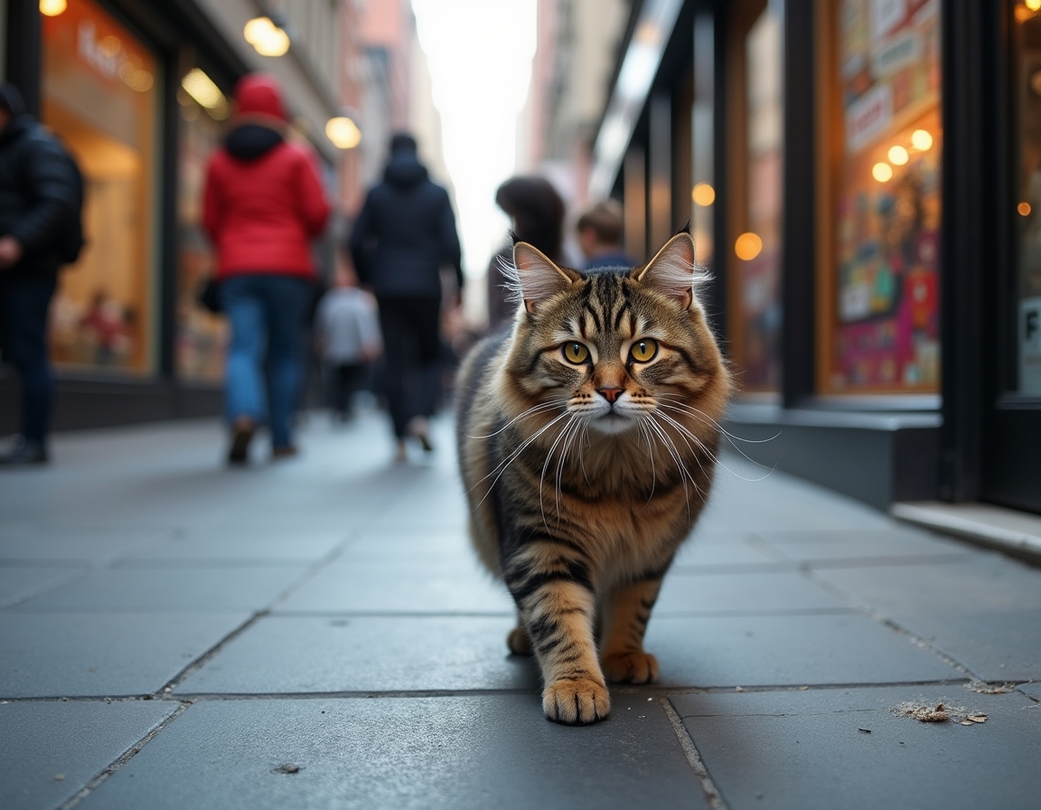Cat strolls down a city sidewalk, confidently navigating the vibrant cityscape.