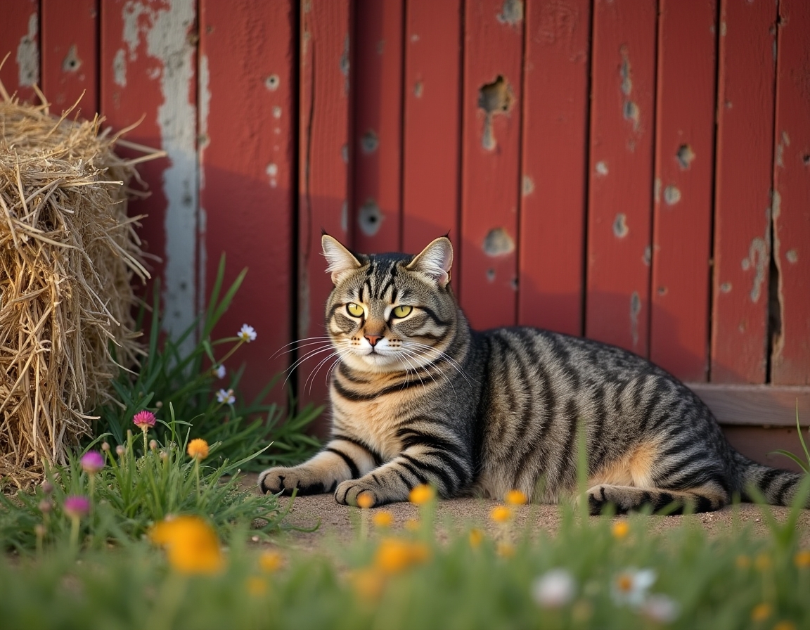 Cat rests peacefully near a barn, enjoying the tranquility of the countryside.