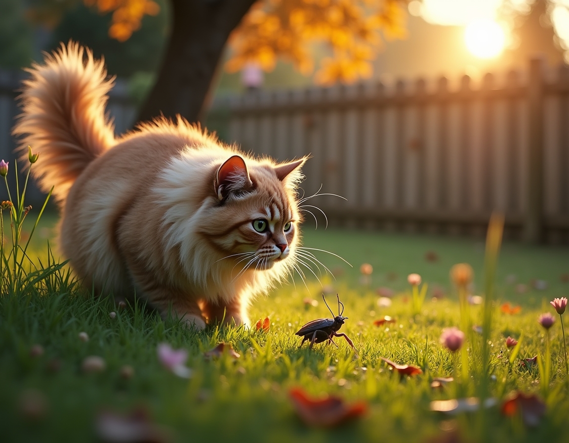 Cat crouches in tall grass, its sharp gaze fixed on a small insect nearby. The warm golden light of sunset and a wooden garden fence frame the scene.