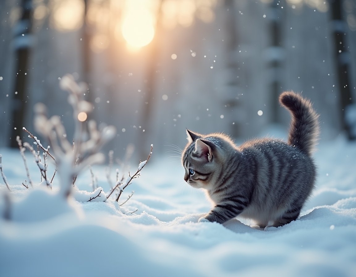 Cat explores a tranquil snowy landscape, its fur dusted with snowflakes as it observes the serene winter forest, bathed in the soft glow of the setting sun.

