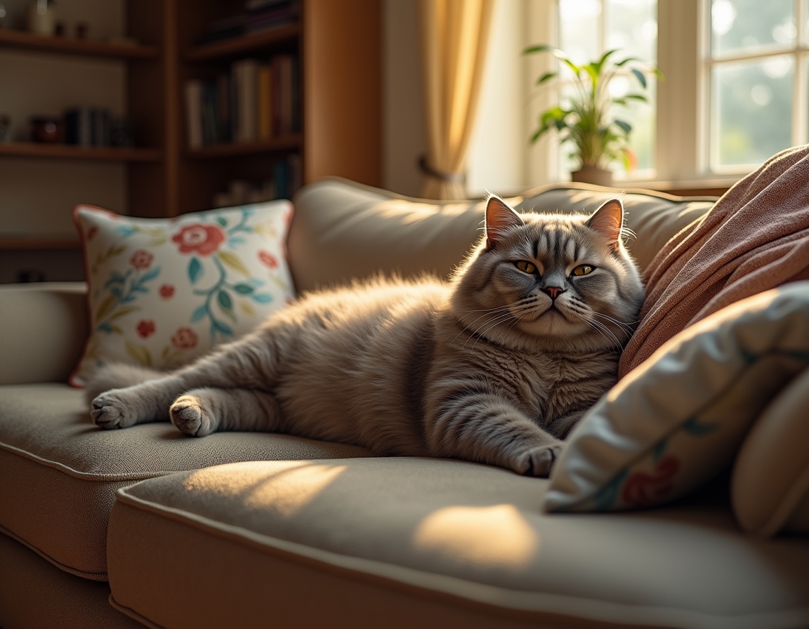 Cat sprawls lazily on a cozy couch, surrounded by decorative pillows and a draped blanket. Soft natural light from a window illuminates its fur, creating a calm, homely atmosphere.