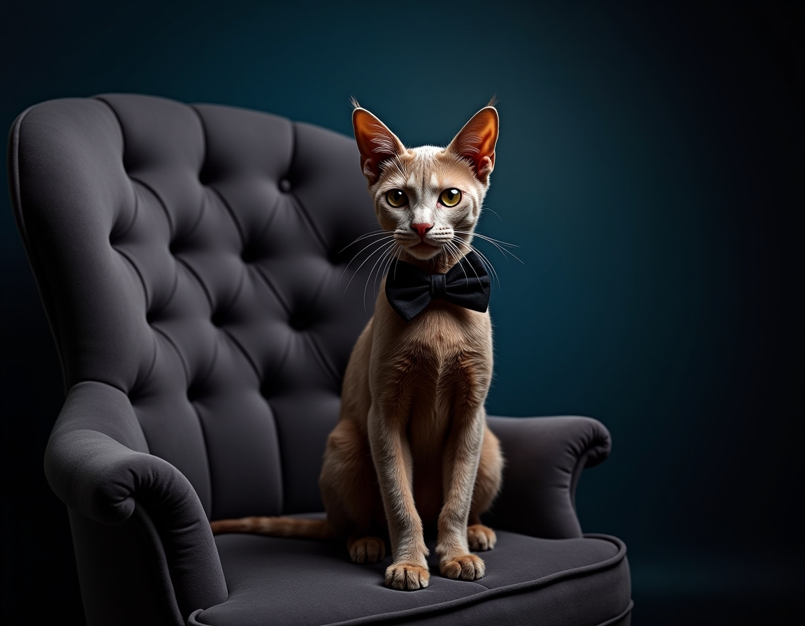 Photorealistic image of cat posed on a luxurious velvet chair in a studio. The backdrop is a deep navy blue with soft spotlighting that highlights the cat's fur and a sleek black bowtie, giving the scene a sophisticated, formal atmosphere.