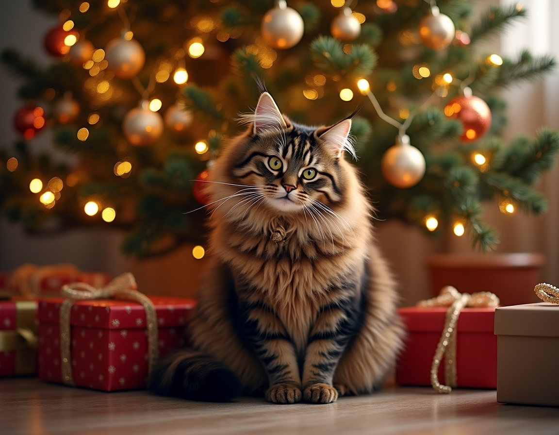 Cat sitting under a beautifully decorated Christmas tree, surrounded by twinkling lights, ornaments, and wrapped presents, with a warm, cozy glow.