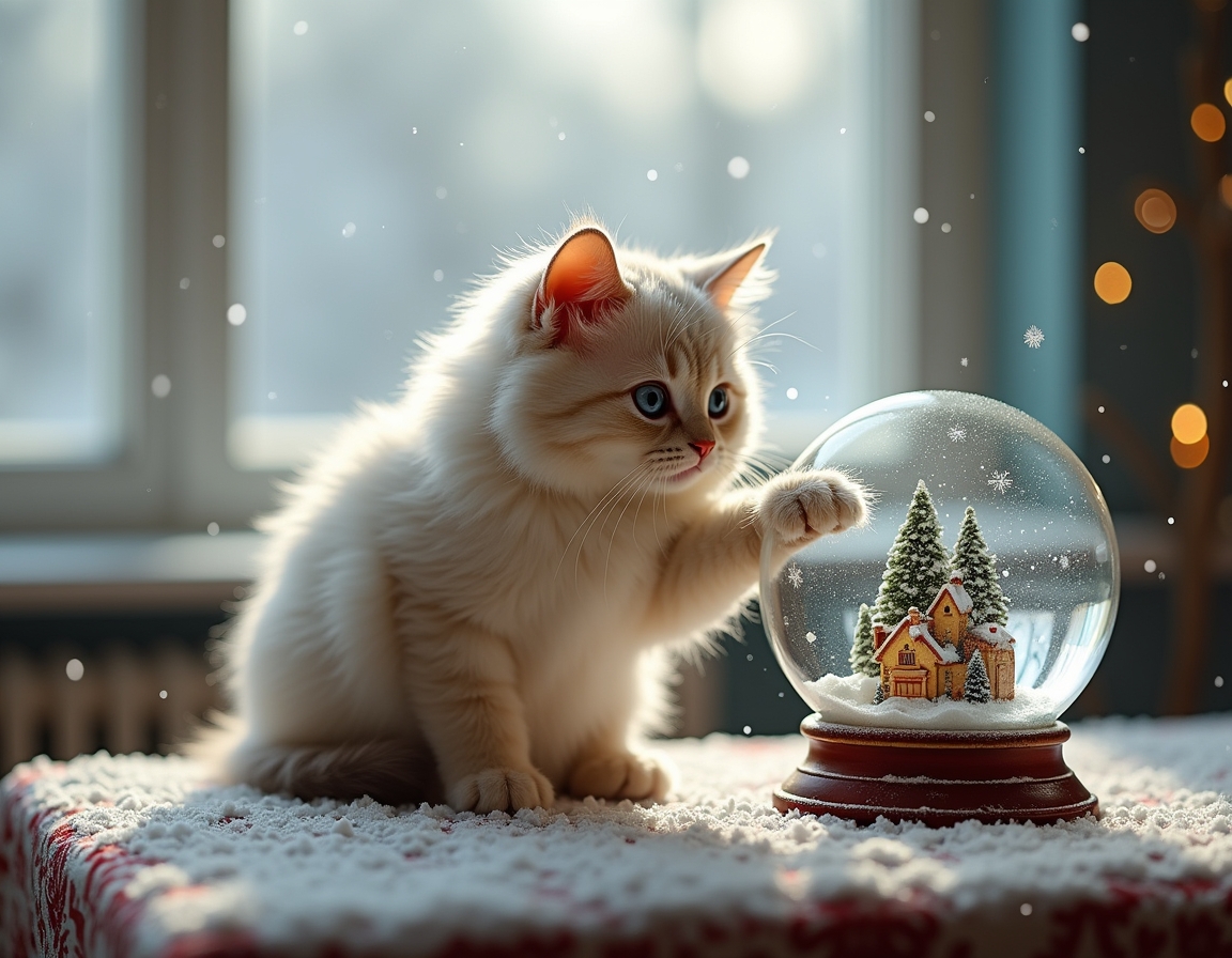Playful cat bats at a snow globe on a table, mesmerized by the swirling snowflakes inside. The globe features a miniature Christmas village, while a snowy landscape is visible through the window in the background, enhancing the festive atmosphere.