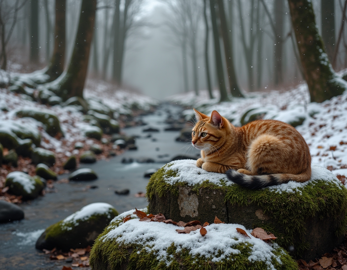 Cat relaxes on a mossy rock in a snowy woodland clearing, surrounded by snow-dusted trees and a peaceful stream, creating a tranquil moment in nature.