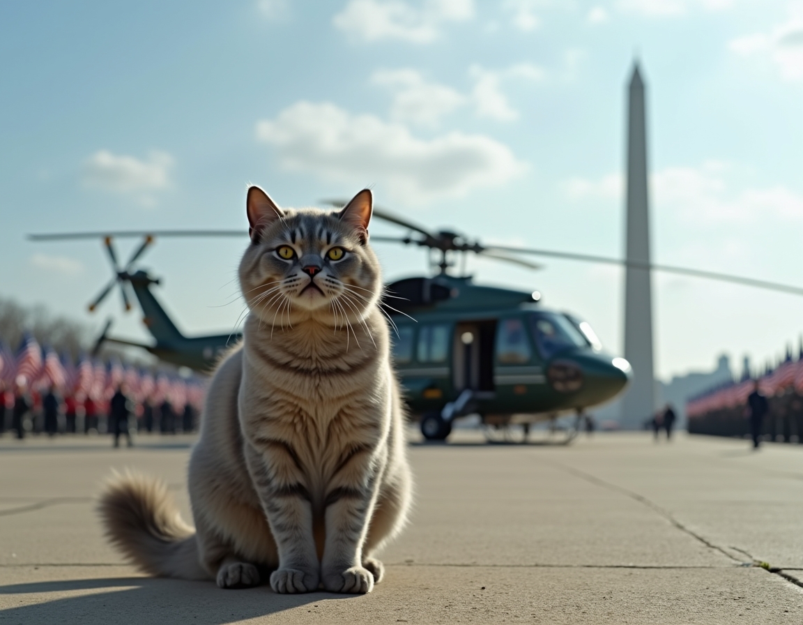 Cat braves the rotor wash beside Marine One, capturing a thrilling presidential travel send-off.
