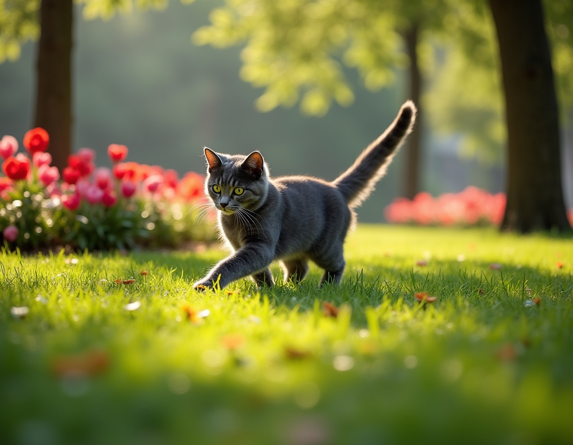 Cat enjoys a lively city park, playing and exploring the greenery amidst the urban backdrop.