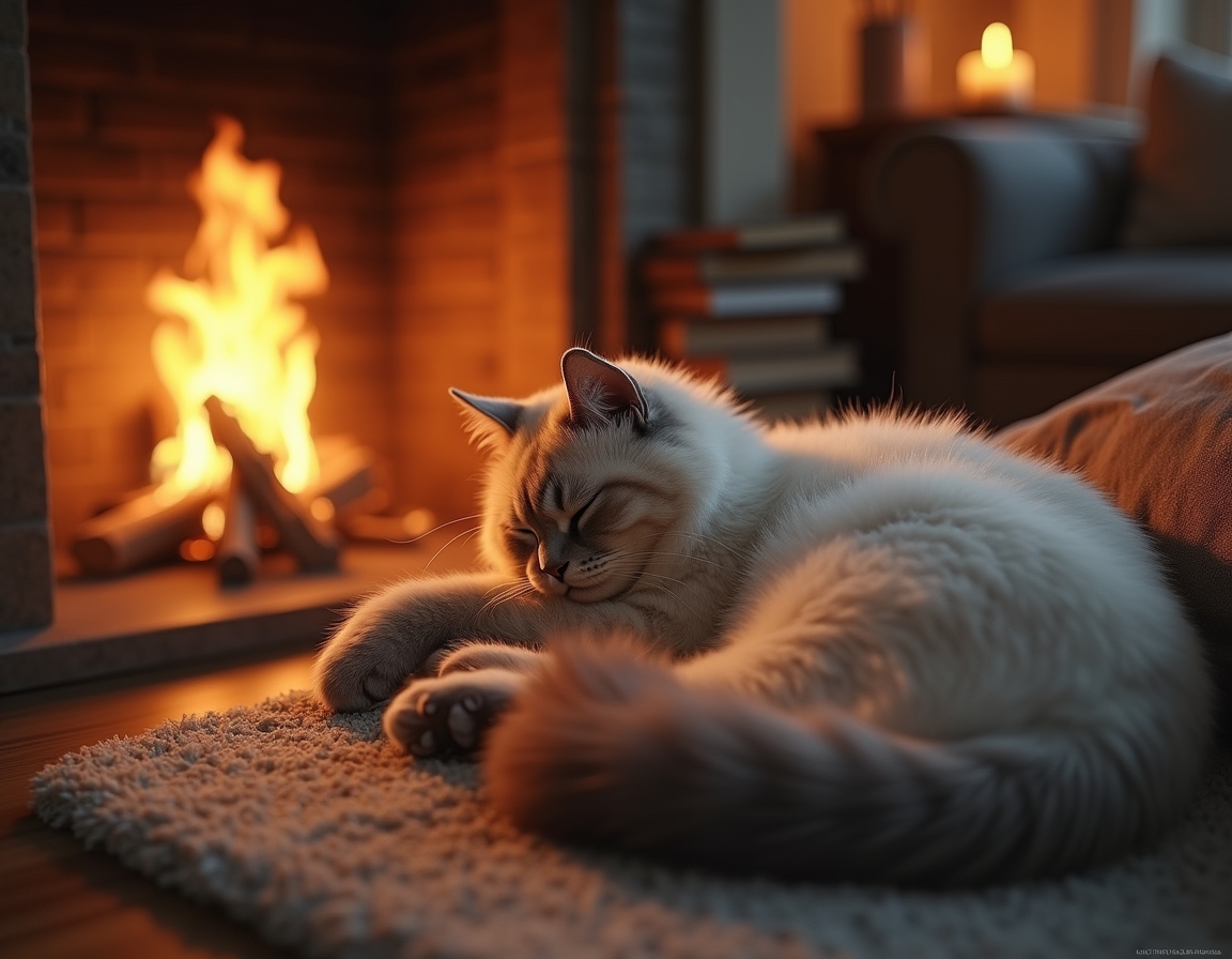 Cat is curled up on a plush rug in front of a glowing fireplace. Its fur glistens in the warm firelight, with cozy living room details like books and candles in the background.