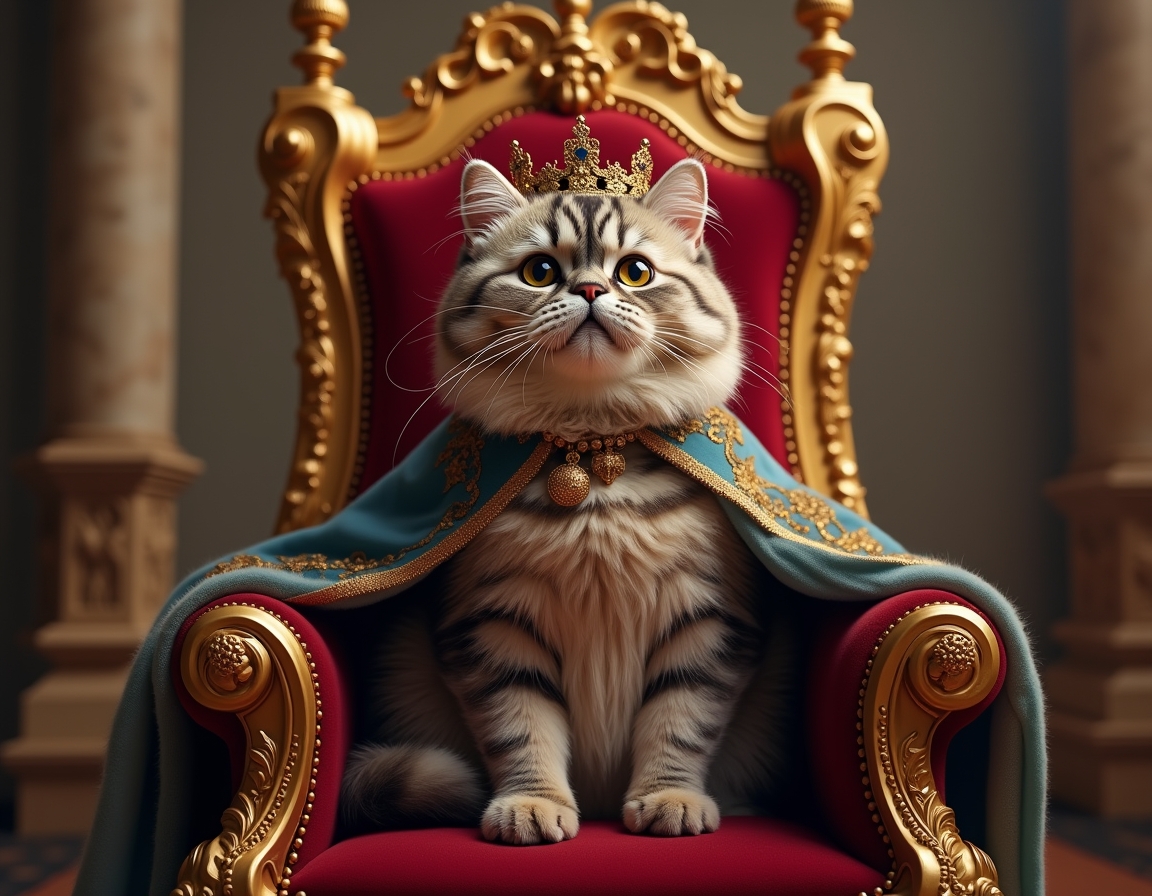 Cat poses regally on a golden throne inside a castle, wearing a crown and cape. Ornate royal decorations surround the scene.