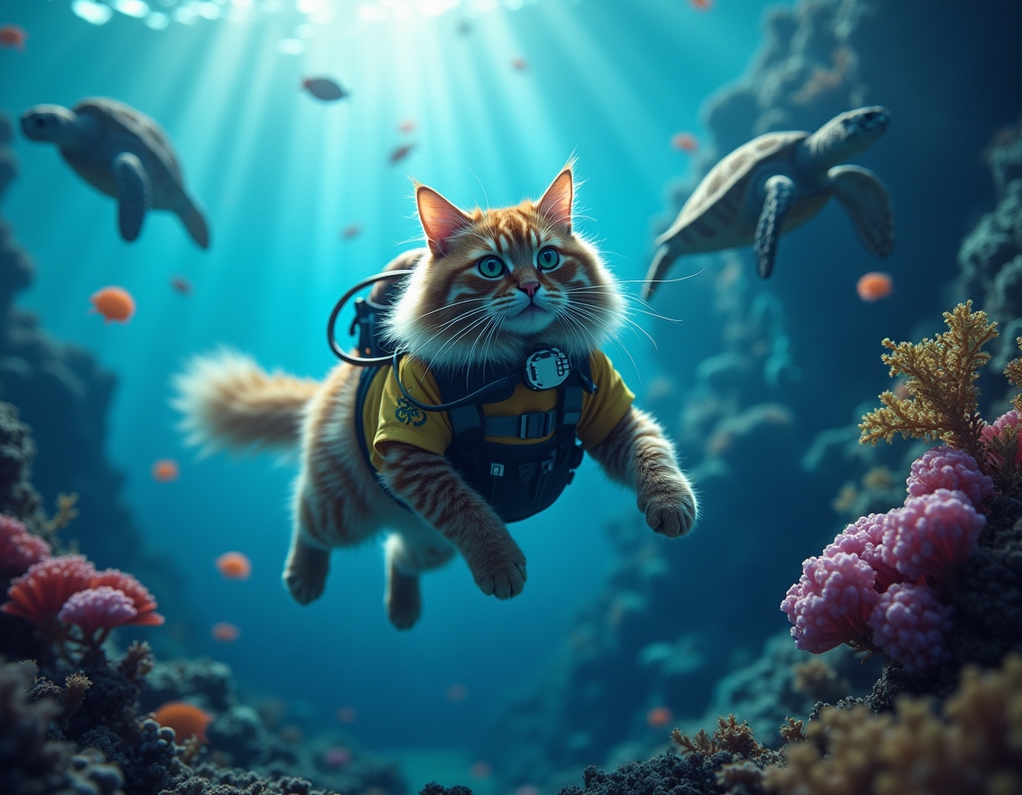 Cat in a wetsuit and diving mask swims through a vibrant underwater scene, surrounded by glowing jellyfish, colorful fish, and coral reefs illuminated by sunlight.