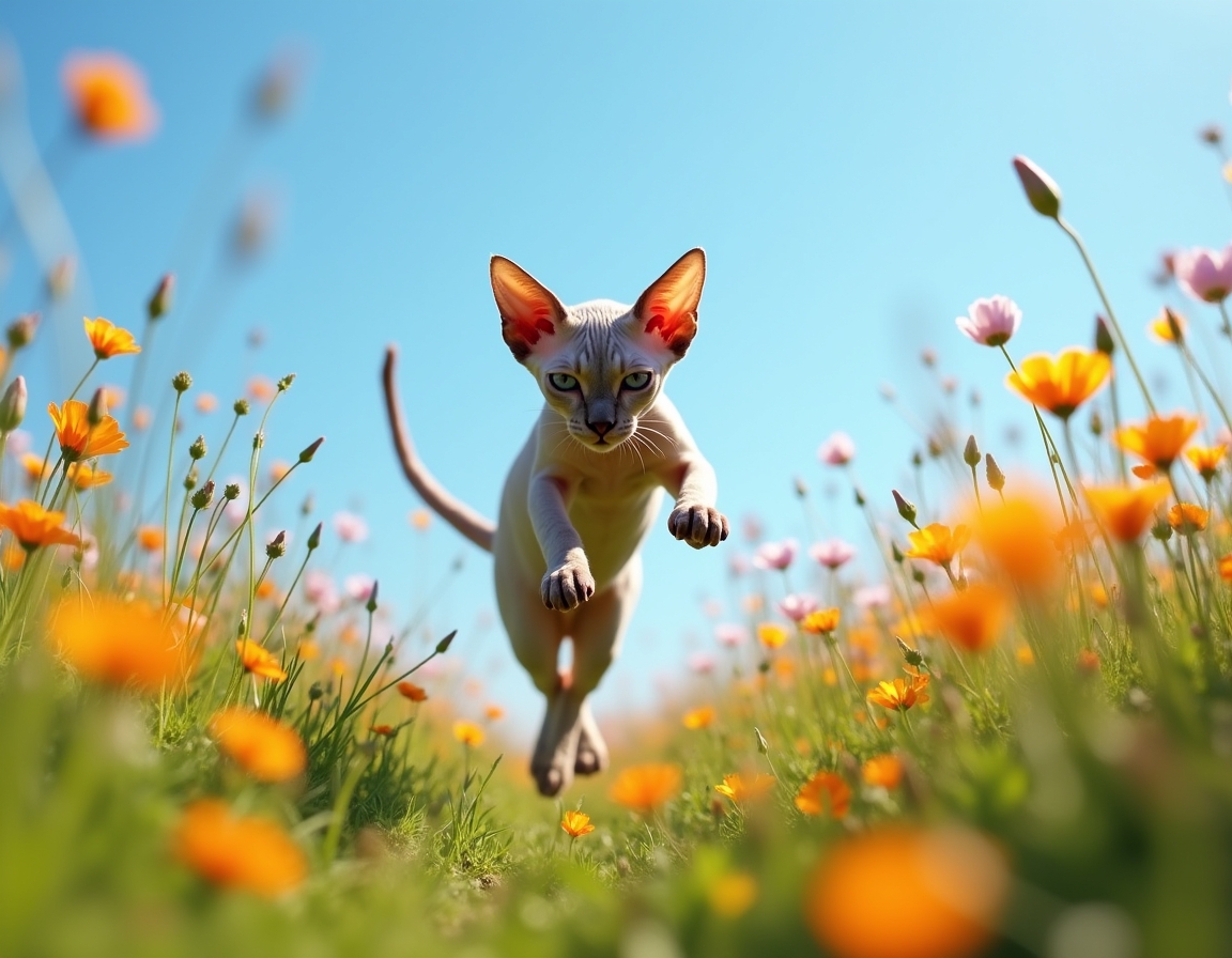 Cat enjoys the beauty of a flower-filled meadow, exploring the bright and colorful setting.