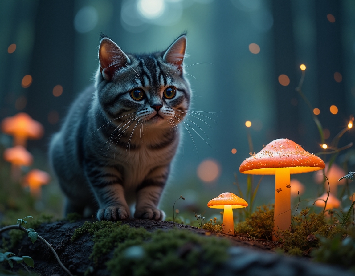Cat explores a twilight forest alive with bioluminescent mushrooms, sparkling fireflies, and fluttering fairies. The scene captures a sense of enchantment and mystery under the soft glow of moonlight.