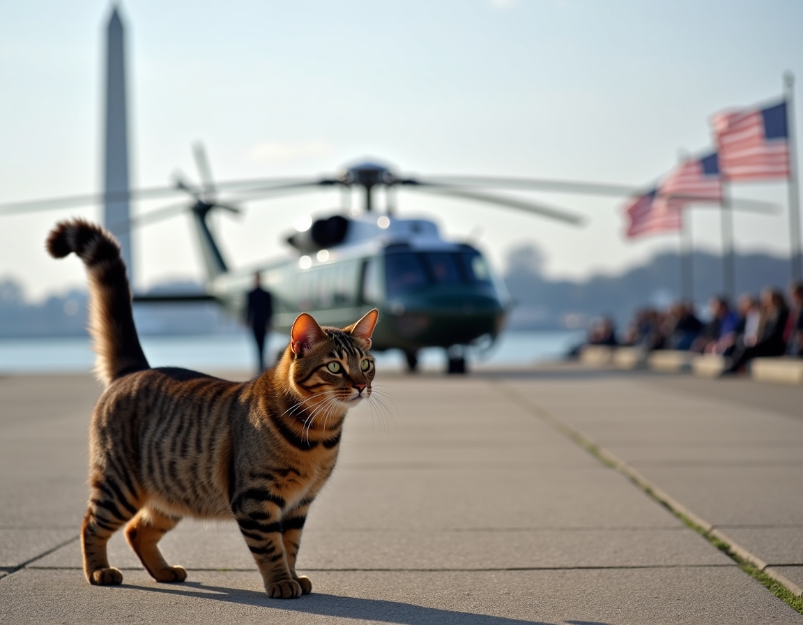 Cat braves the rotor wash beside Marine One, capturing a thrilling presidential travel send-off.
