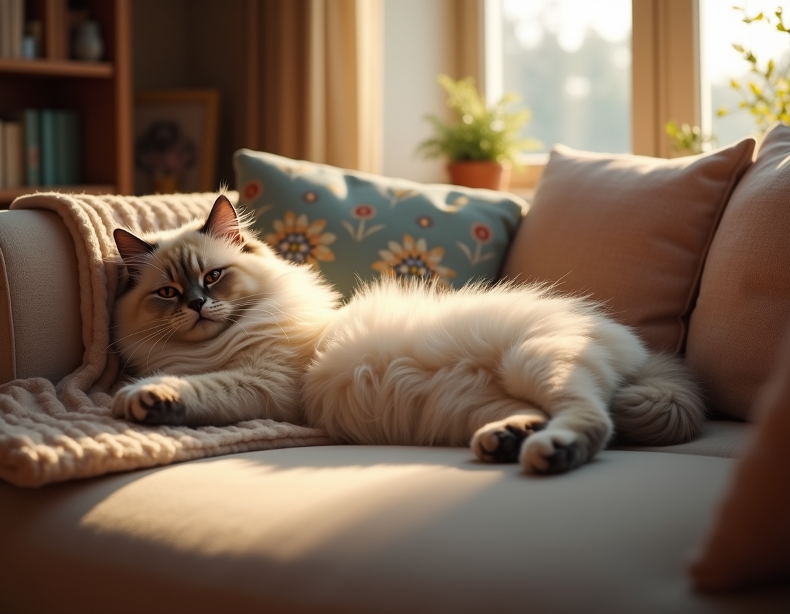 Cat sprawls lazily on a cozy couch, surrounded by decorative pillows and a draped blanket. Soft natural light from a window illuminates its fur, creating a calm, homely atmosphere.