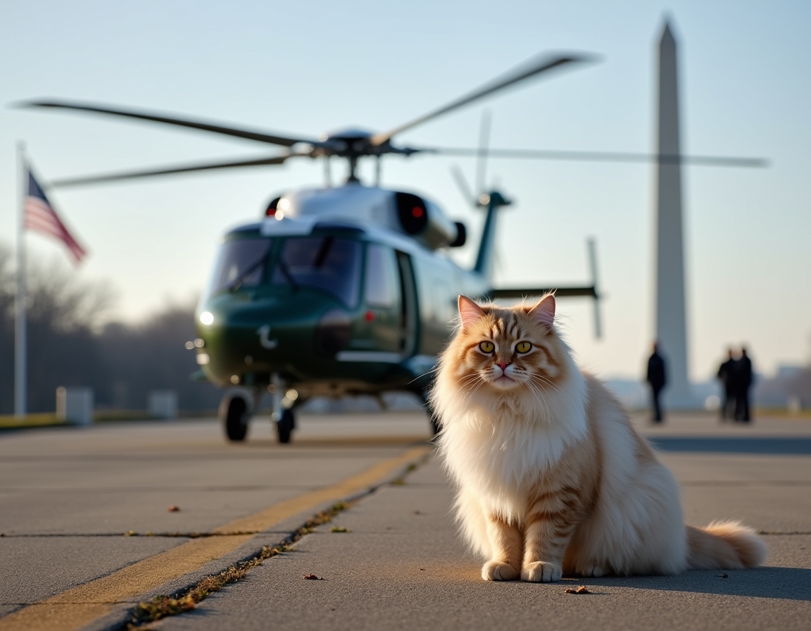 Cat braves the rotor wash beside Marine One, capturing a thrilling presidential travel send-off.