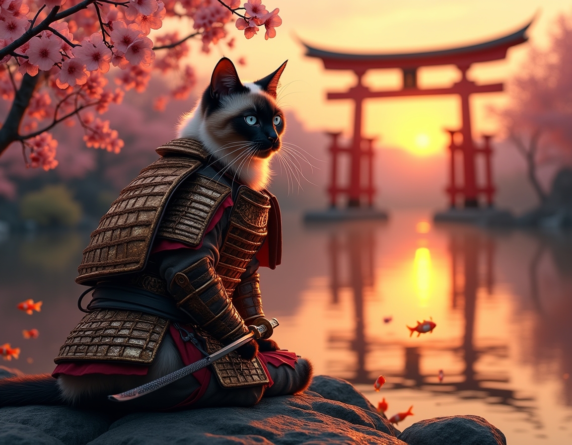 Cat dressed in ornate samurai armor sits in a serene Japanese garden at sunset. Cherry blossoms fall gently, and a koi pond reflects the golden light of the sky.
