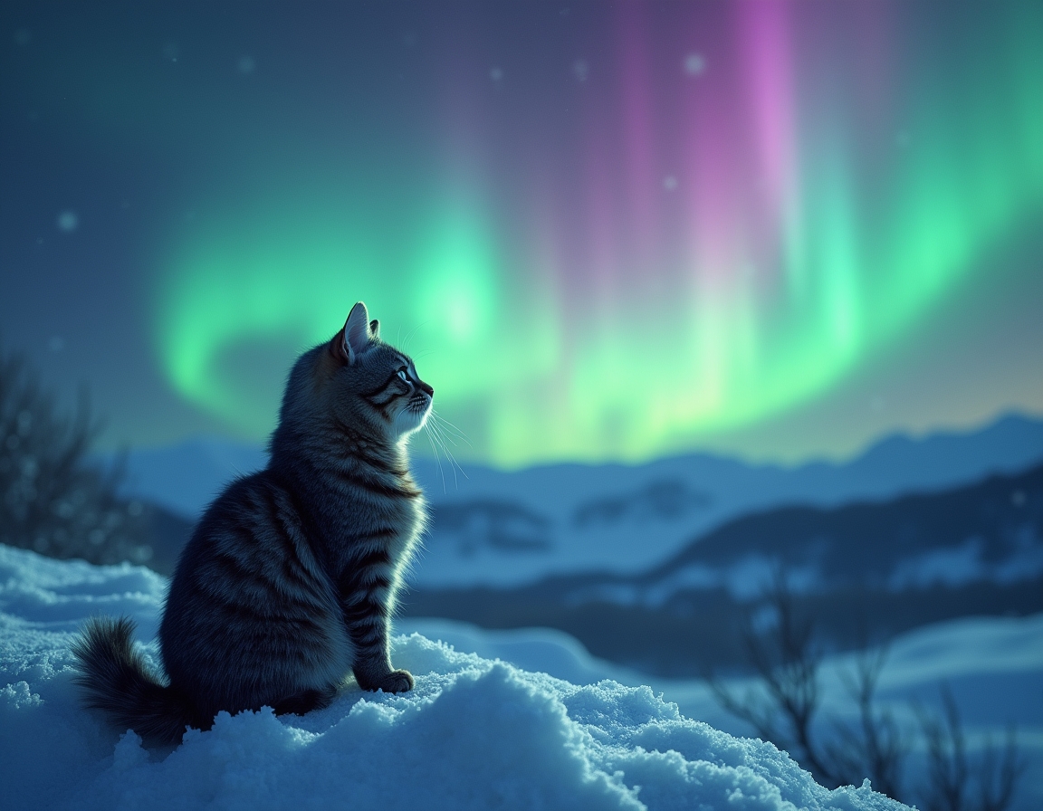 Cat watches in awe as the Northern Lights light up the night sky, casting vibrant colors across the snowy landscape, creating a surreal and magical winter adventure.