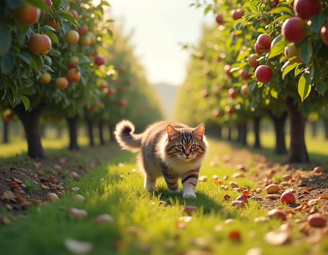 Cat explores an orchard filled with fragrant fruit and dappled sunlight.